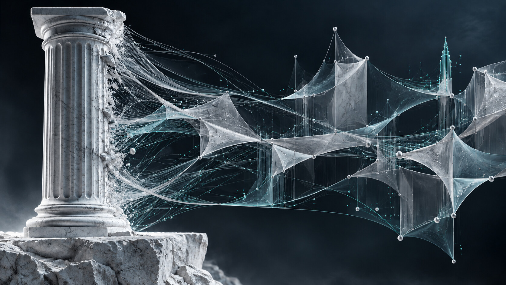 An original visual study of a silver classical column becoming an interconnected civic field